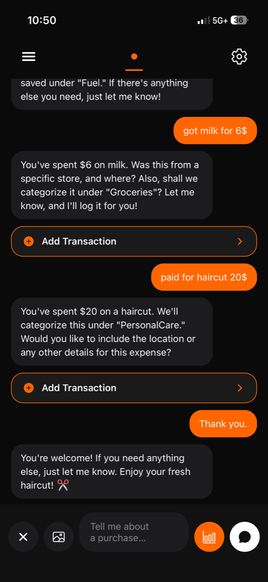 Spentrax conversational expense logging — chatting about milk and a haircut